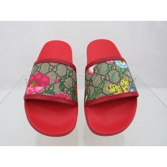 GUCCI 602096 GG SUPREME BLUM RED LEATHER CANVAS FLORAL SANDALS SLIDES 35 US 5 - Picture 5 of 12